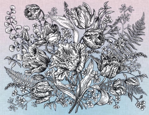 в ванную комнату, цветы, графика, гравюра, черные, розово-голубая