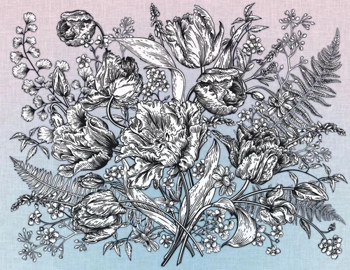 в ванную комнату, цветы, графика, гравюра, черные, розово-голубая