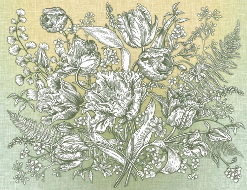 в ванную комнату, графика, цветы, гравюра, белые, желто-зеленая