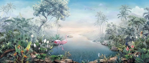 в детскую комнату, тропики, фламинго, синяя