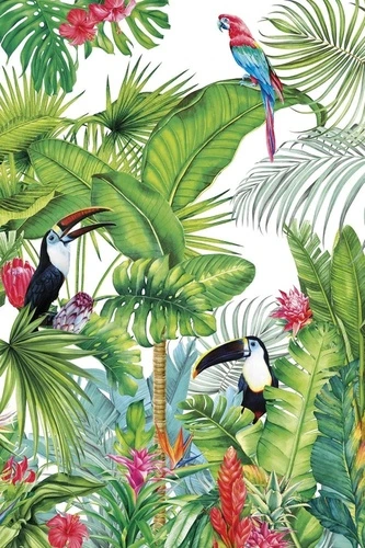 в детскую комнату, тропики, пальмы, попугаи, зеленая, красные