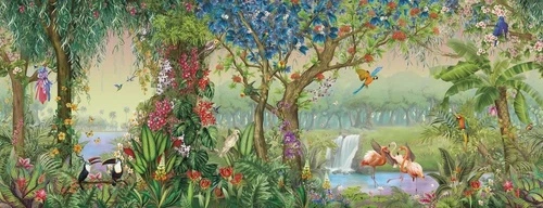 в детскую комнату, тропики, ярко зеленые, красные цветы, птицы