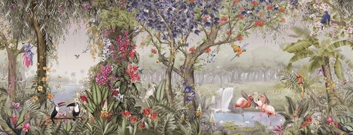 в детскую комнату, тропики, с сиреневыми цветами, птицы