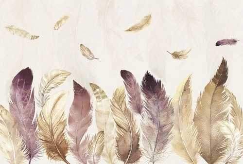молодежные, перья, фиолетовые, на кремовом фоне