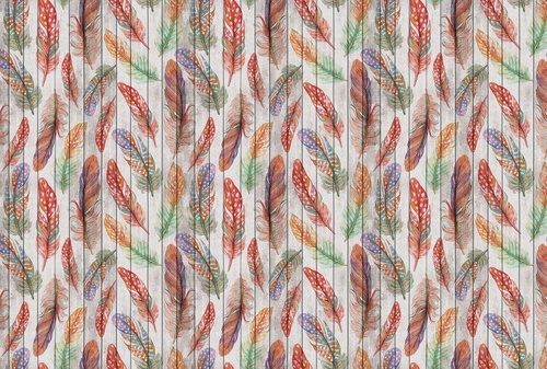 лофт, обои с перьями, красно-зеленые