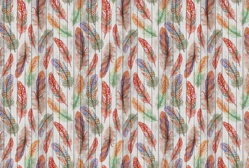 лофт, обои с перьями, красно-зеленые