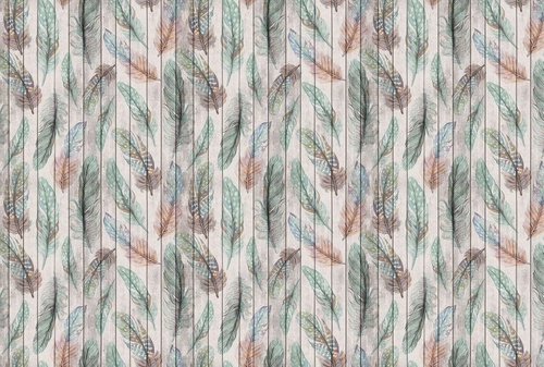 лофт, обои с перьями, сине-зеленые