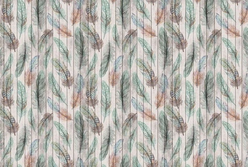 лофт, обои с перьями, сине-зеленые