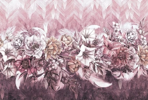 молодежные, перья, цветы, серо-розовые