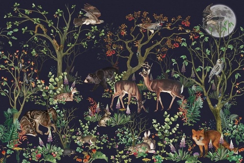 в детскую комнату, обои с животными, на темном фоне