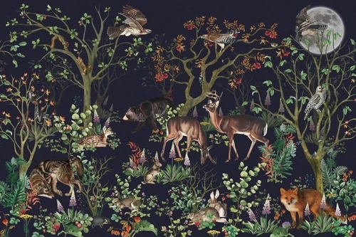 в детскую комнату, обои с животными, на темном фоне