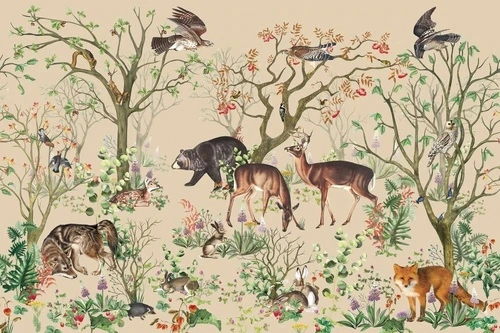 в детскую комнату, обои с животными, на бежевом фоне