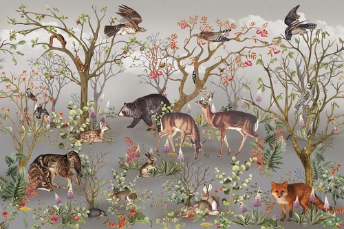 в детскую комнату, обои с животными, на сером фоне