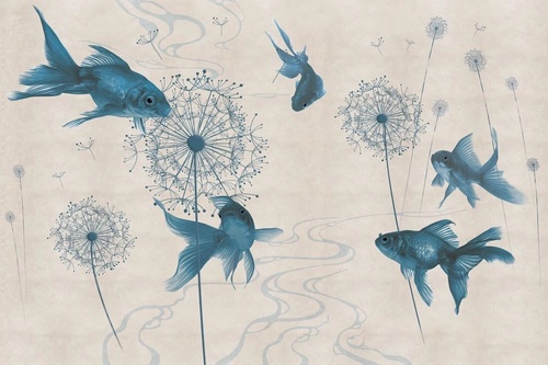 в детскую комнату, обои с рыбами, синие, на бежевом фоне