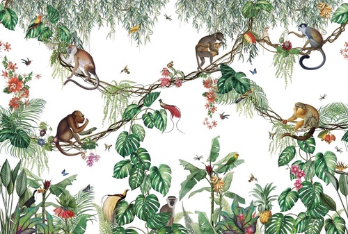 в детскую комнату, обои с обезьянками, на белом фоне