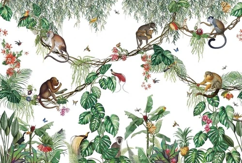 в детскую комнату, обои с обезьянками, на белом фоне