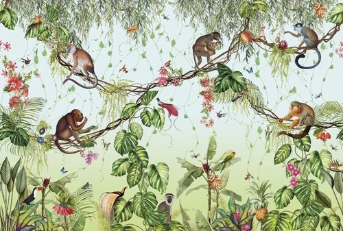 в детскую комнату, обои с обезьянками, светло зеленая