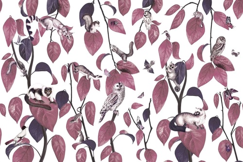 в детскую комнату, листья и птицы, бордовые