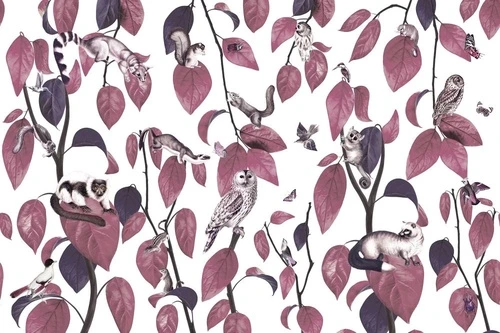 в детскую комнату, листья и птицы, бордовые