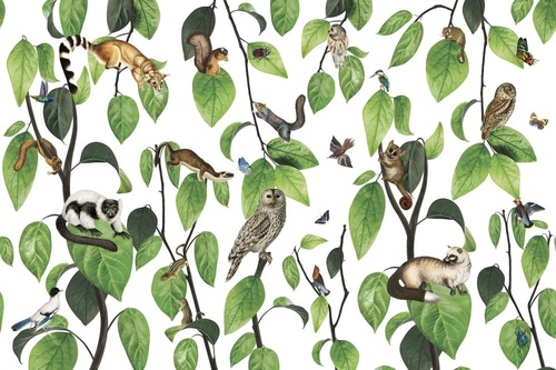 в детскую комнату, листья и птицы, зеленые