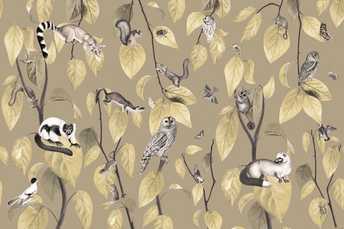 в детскую комнату, листья и птицы, бежевые
