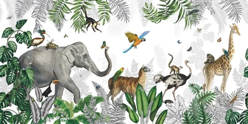 в детскую комнату, животные в лесу, зеленая, на белом фоне