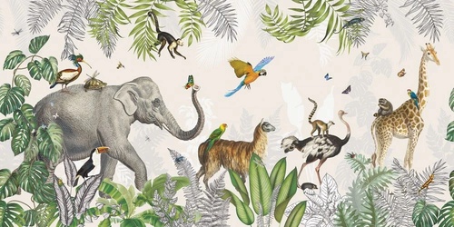 в детскую комнату, животные в лесу, на кремовом фоне
