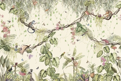 в детскую комнату, лианы с обезьянками, на желтом фоне