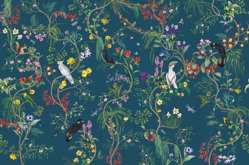 в детскую комнату, обои с птицами, темно бирюзовая