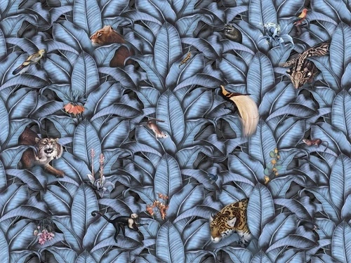 в детскую комнату, обои с животными, листья, синий