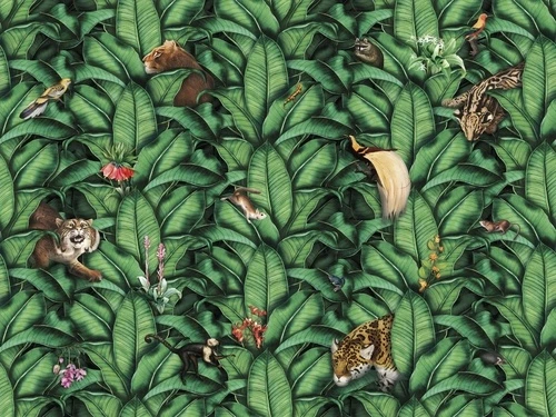 в детскую комнату, обои с животыми, листья, ярко зеленая