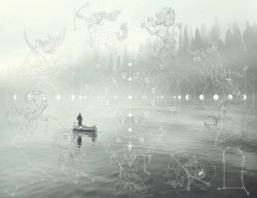 в офис, река, лодка, знаки зодиака, чёрно-белые, в серых тонах