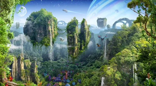 пейзаж, природа, сказочный, островки, водопады, космос, фэнтези, планеты, драконы, растения, фантастика, земля, луна, космический корабль, существа, космос в детскую мальчику
