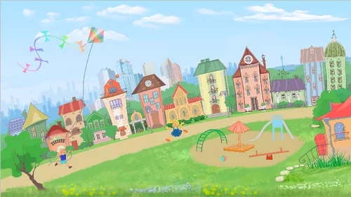 голубые, детская площадка, город, воздушный змей, зеленые, дети, улица, прогулка, в детскую комнату, для девочки, игра, детские, здания, сказочный город