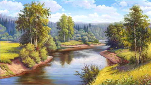пейзаж, живопись, деревья, с рекой, русская природа, природа, лес, зелень, голубые, березы, русский пейзаж, солнечные река, с лесом