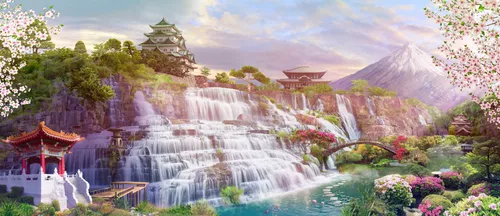 сакура, деревья, восток, зелень, дома, гора, здания, кусты, китайские мотивы, китай, вода, водопады, мосты, растения
