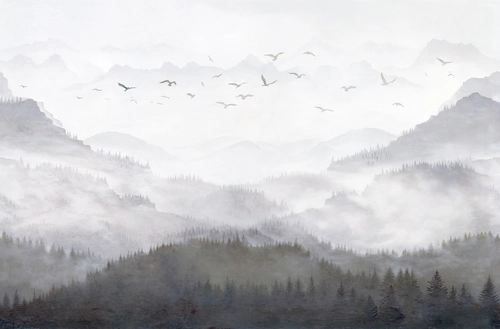 ели, лес, туман, птицы, облака, серый, деревья, горы, живопись