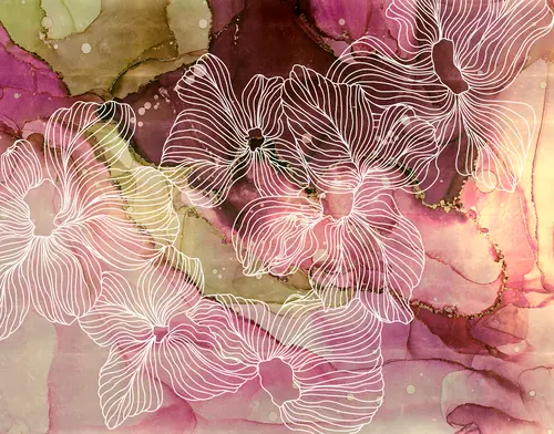 цветы, акварель, лепестки, мрамор, растения