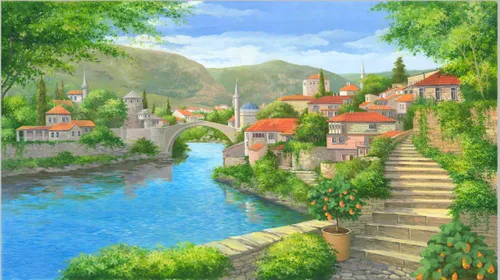 пейзаж, с рекой, синие, с мостом, домики, зеленые, город на берегу реки, река, голубые, мост, зелень, деревья, яркие, холмы, красные крыши, каменная лестница