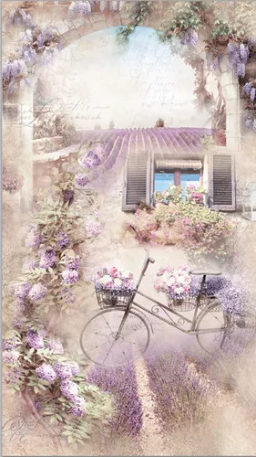 велосипед, окно, в стиле прованс, лаванда, цветы, арка, сиреневые, бежевые, буддлея, велосипедная тематика, велосипед в провансе, прованс
