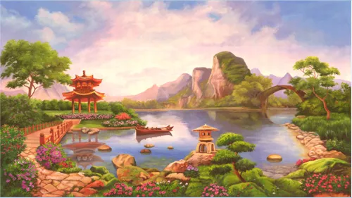 пейзаж, с озером, китайские, зелень, голубые, закат, китайский пейзаж, цветы, зеленые, мосты, в китайском стиле, беседки, горы, карликовые деревья, природа, озеро, лодки, розовые, холмы, китай, водоемы