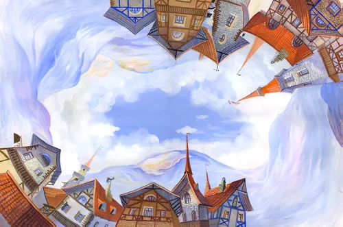 город, пелена, дом, небо, в детскую комнату, голубые, нарисованные, облака, крыши города акварель, сказочный город, потолок