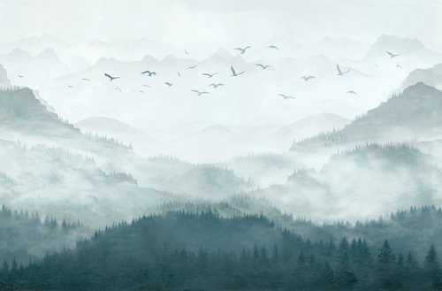 пейзаж, природа, с горами, горы, туман, птицы, ели, лес, деревья