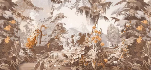 сепия, бежевые, коричневые, водопад, пальмы, цветы, растения, тропики, деревья, тропический пейзаж, с оранжевым 