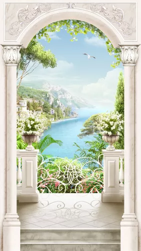 арки, вид на море, белые, голубые, зелень, арка, колонны, морской пейзаж, расширяющие пространство, цветы в вазах, море, мрамор, зеленые, стиль рококо, нарядные, светлые, пейзаж