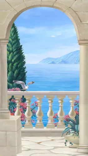 синие, белые, яркие, море, арка, цветы, колонны, вид на море, чайка, вид из окна, синее море, горы в дали, морской пейзаж, расширяющие пространство, арки