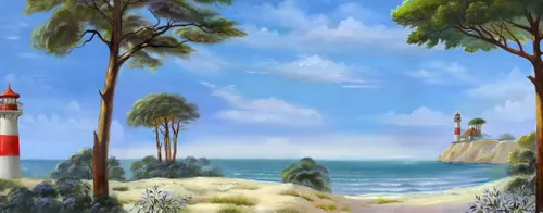 пейзаж, морские, пляж, синее море, маяк, белый песок, сосны, берег моря, маяки, океан, деревья, домик у моря, берег, песчаный пляж, морской пейзаж, горизонт, голубые