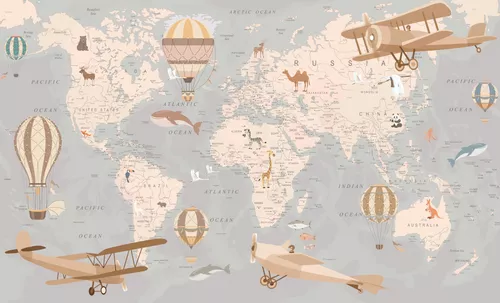 карта, география, страны, для мальчика, самолеты, для девочки, в детскую комнату, коричневые, воздушные шары, континенты, мальчику, животные, детские, карта мира для детей, мир, для подростков, детское, голубые, карта мира