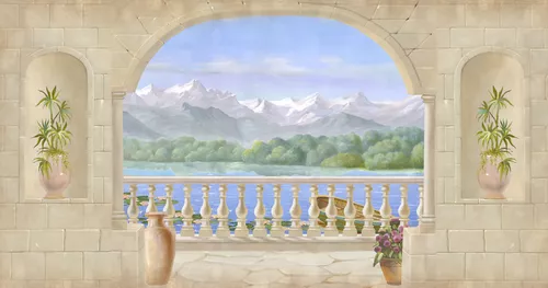 каменная стена, пруд, лодка, лес, кувшинки, облака, цветы, вода, небо, арка, озеро, горы