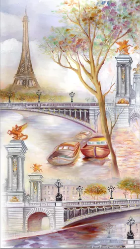 эйфелева башня, серые, статуи, франция, париж, город, оранжевые, сиреневые, мосты, лодки, города, городской пейзаж, мост через реку